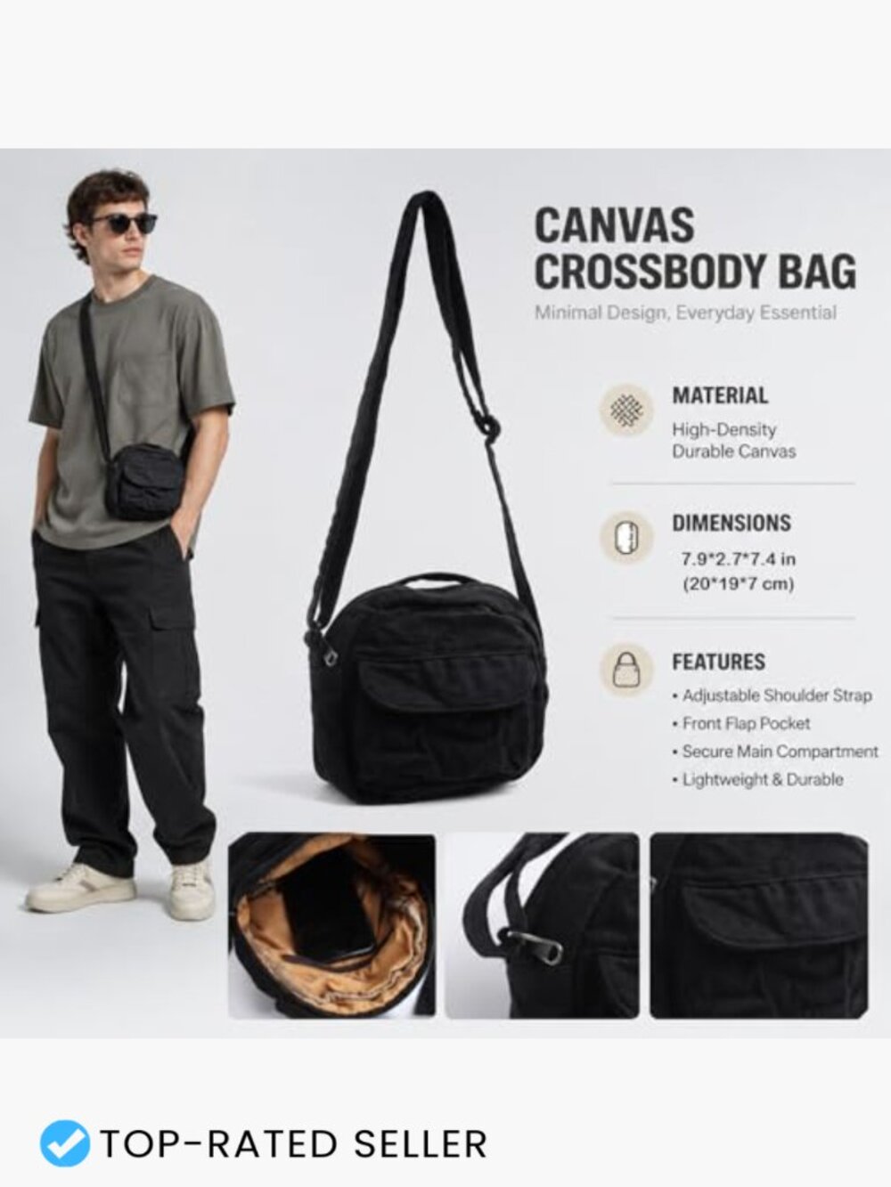 Canvas Crossbody Bag Small Cute Purse Mini Shoulder Bag Zipper Closure - Picture 4 of 7